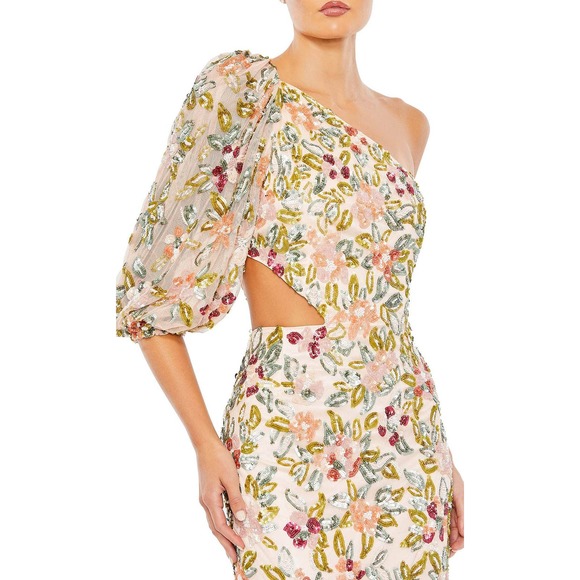 Mac Duggal One Shoulder Floral Embellished Gown Nude Multi Size 10 NWT - Picture 2 of 12